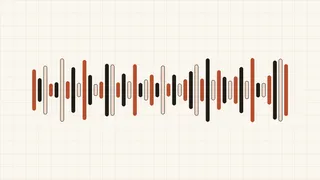 An abstract audio waveform made of rounded bars in paper, ink, and terracotta tones.