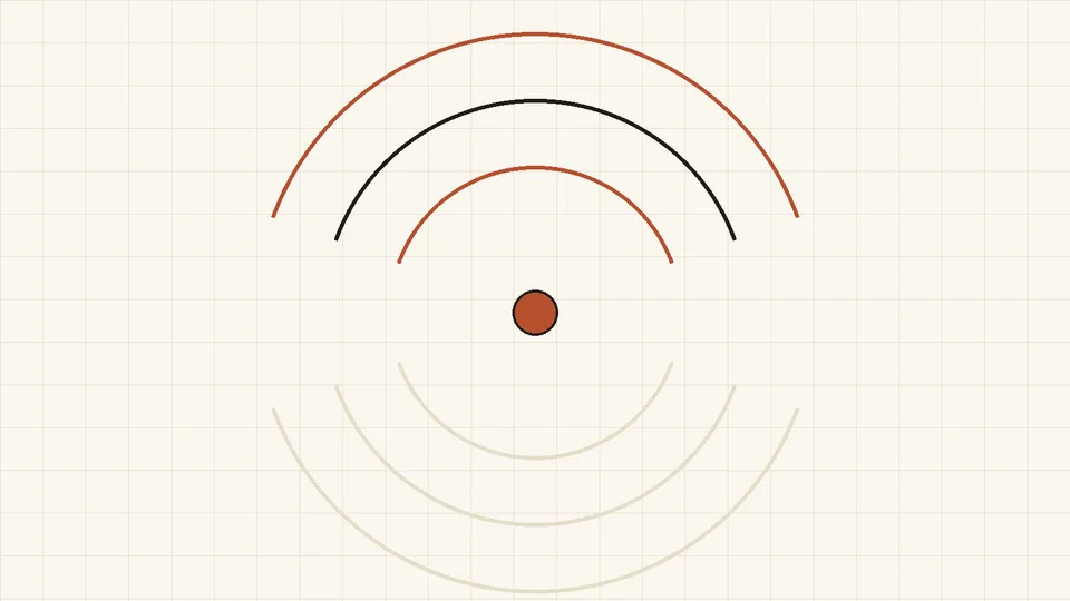 Concentric arcs radiating outward from a solid terracotta dot, evoking a sync signal reaching outward from a single source.