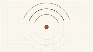 Concentric arcs radiating outward from a solid terracotta dot, evoking a sync signal reaching outward from a single source.
