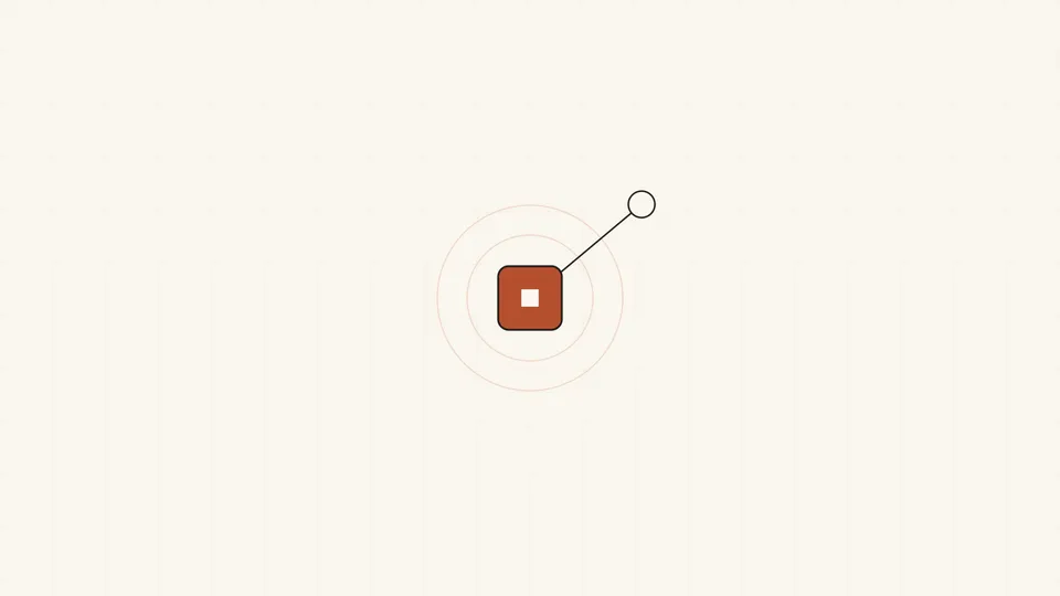 A solid terracotta cell with a white inset square, two faint concentric rings around it, and a thin line breaking past the rings to a small white circle outside — evoking a cell growing past its own boundary.
